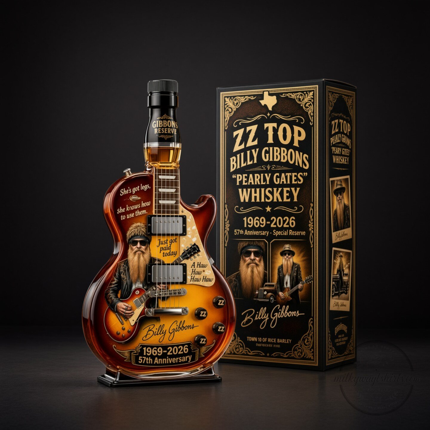 Billy Gibbons Music ZZ Top Pearly Gates 57th Anniversary Guitar Whiskey Decanter Bottle